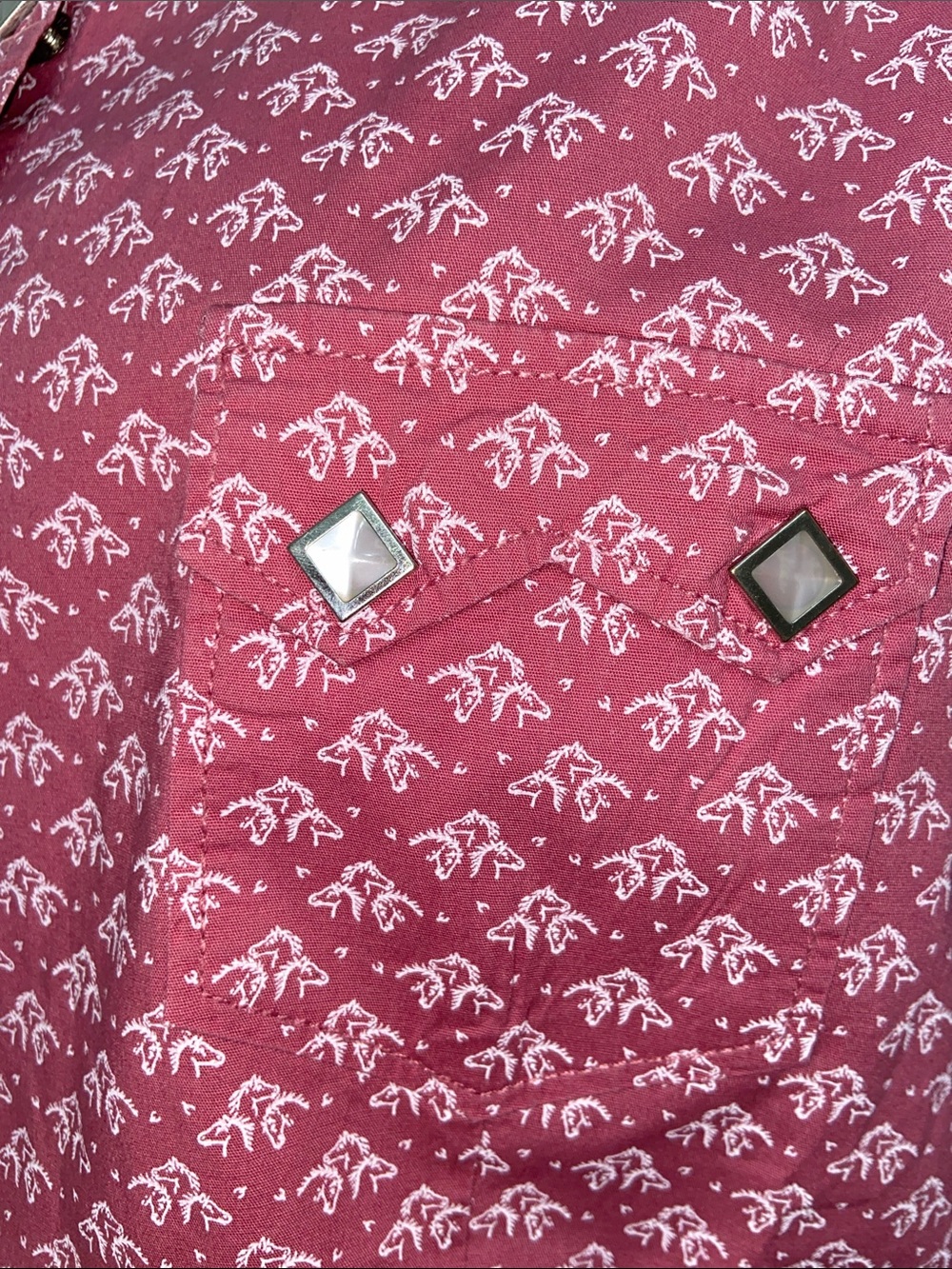 Panhandle Western Pearl Snap Cotton Shirt in Mauve Pink Horse Print - Picture 6 of 9